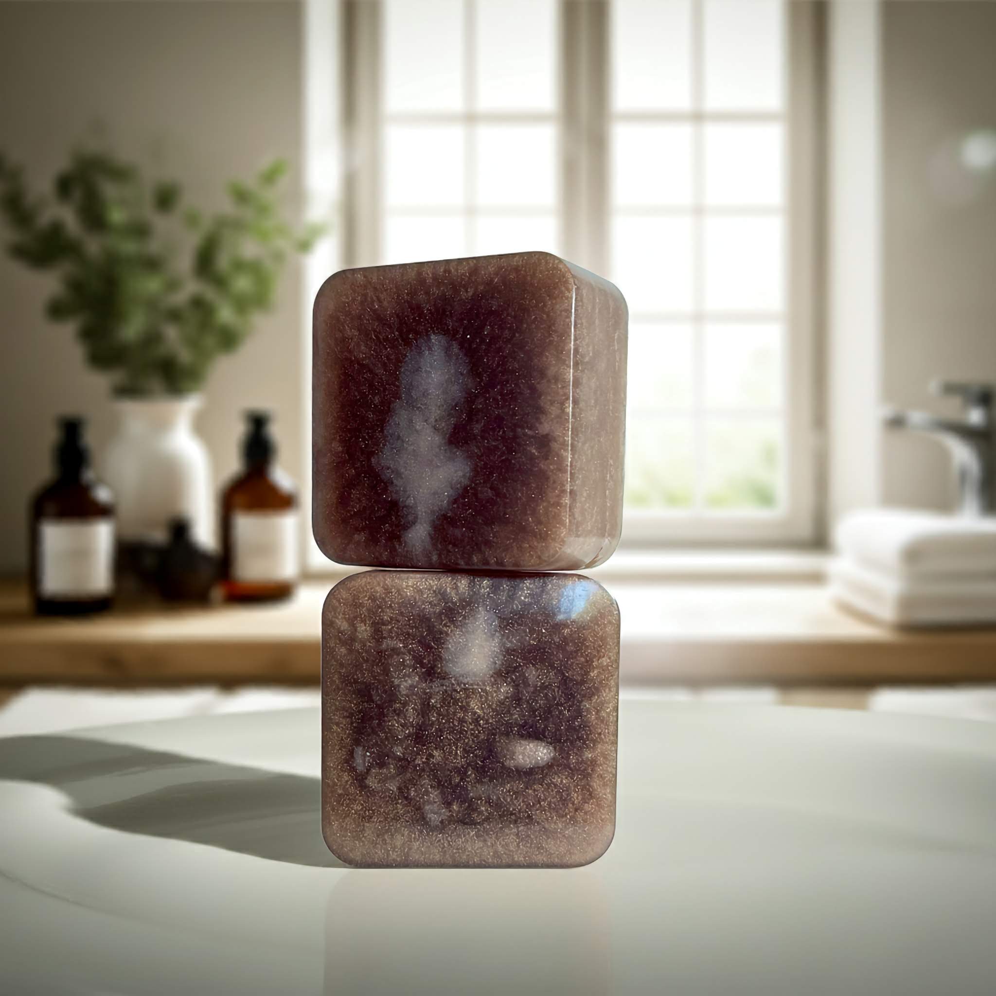 Noir Overture Natural Soap Two Side Stacked Side Angle on bathroom counter with bottles and towels in the background.