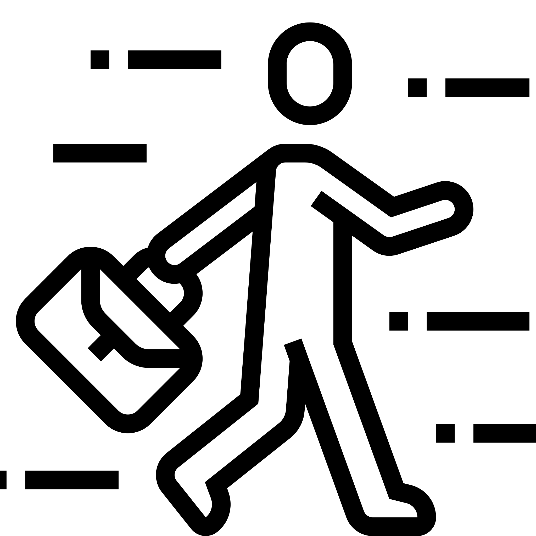Stick figure icon on white background of person walking with briefcase in hand.