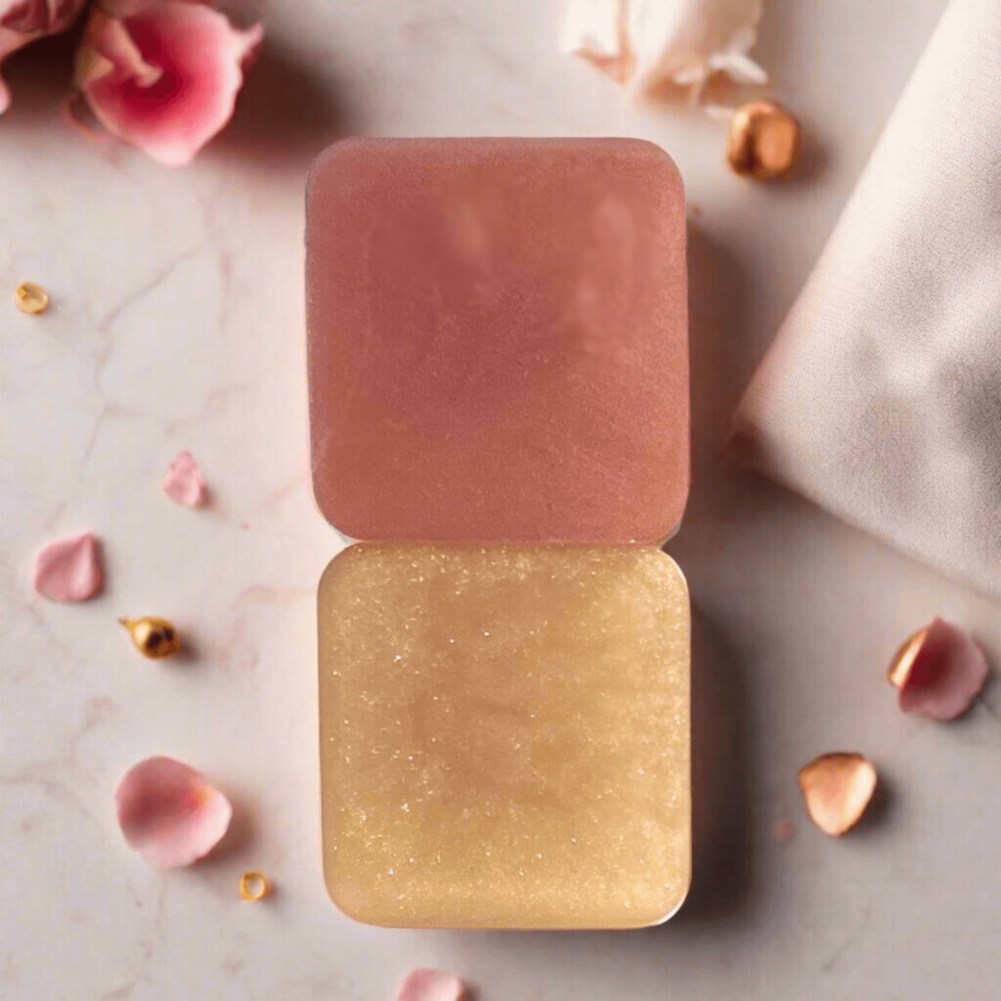 Rosegold Rhapsody Natural Soap Two Stacked Front and Back Side Lying Down