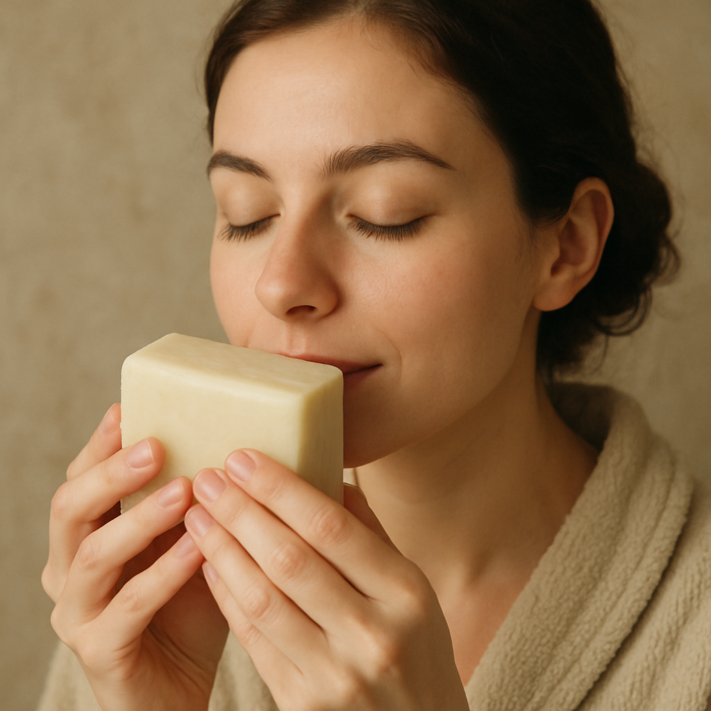 Woman smelling and enjoying the scent of natural soap against a neutral background