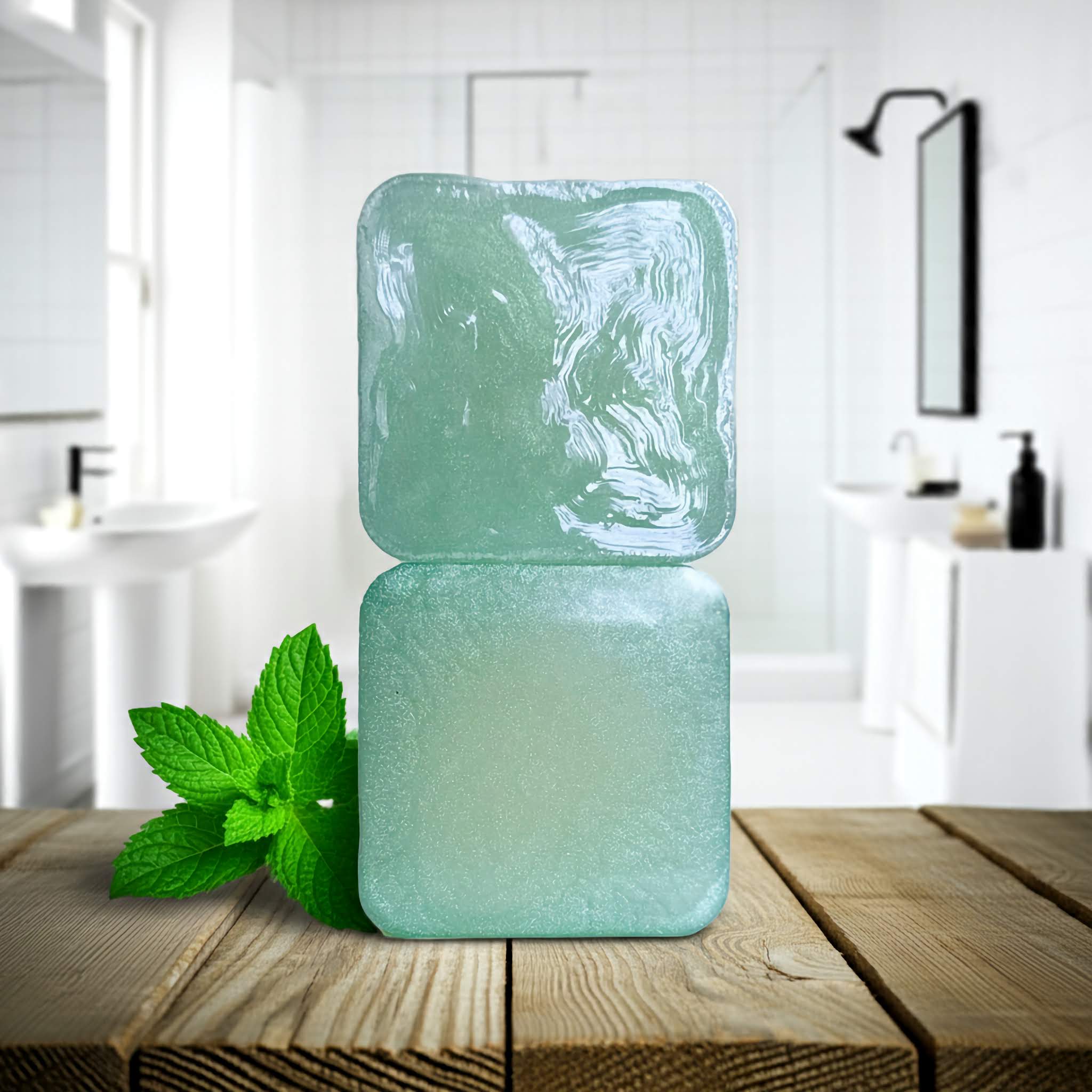 Cool Cadence Natural Soap Two Stacked Front and Back Side sitting on wooden counter.