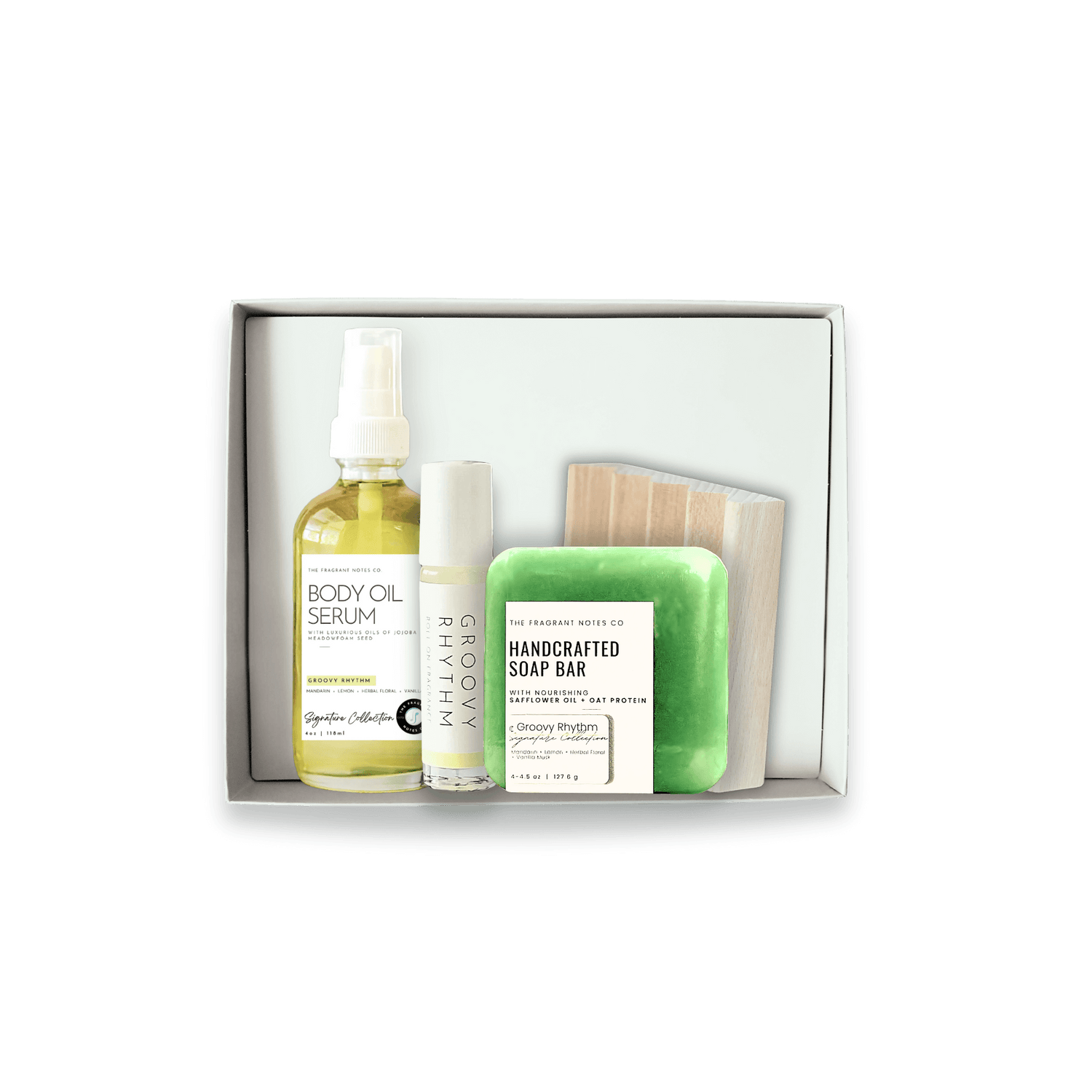 Transparent view of Groovy Rhythm's Body Care Bundle in a gift box.