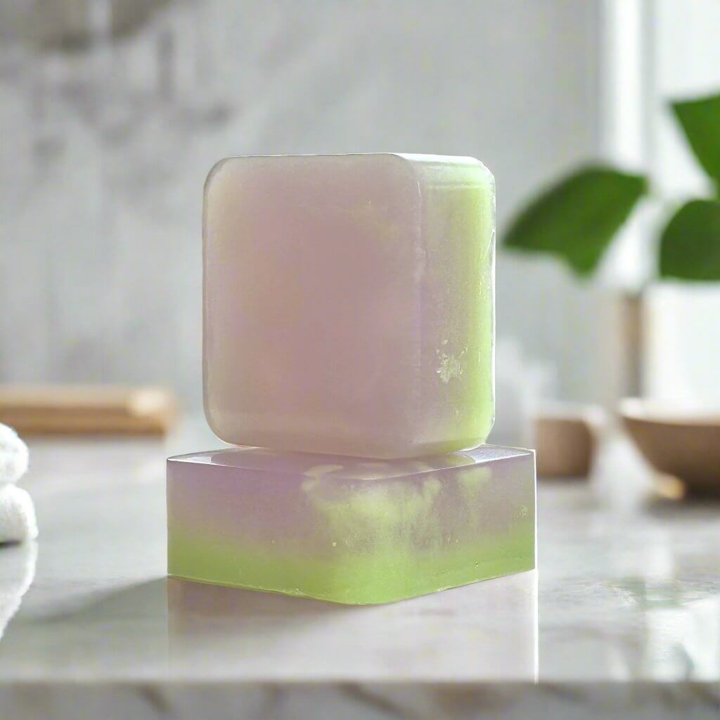 Lavender Tea Time Soap sitting on marble bathroom counter next to window, plant, and a few white towels.