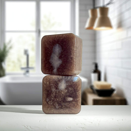Noir Overture Natural Soap Two Side Stacked Side Angle on white bathroom counter with white bathtub in the background.