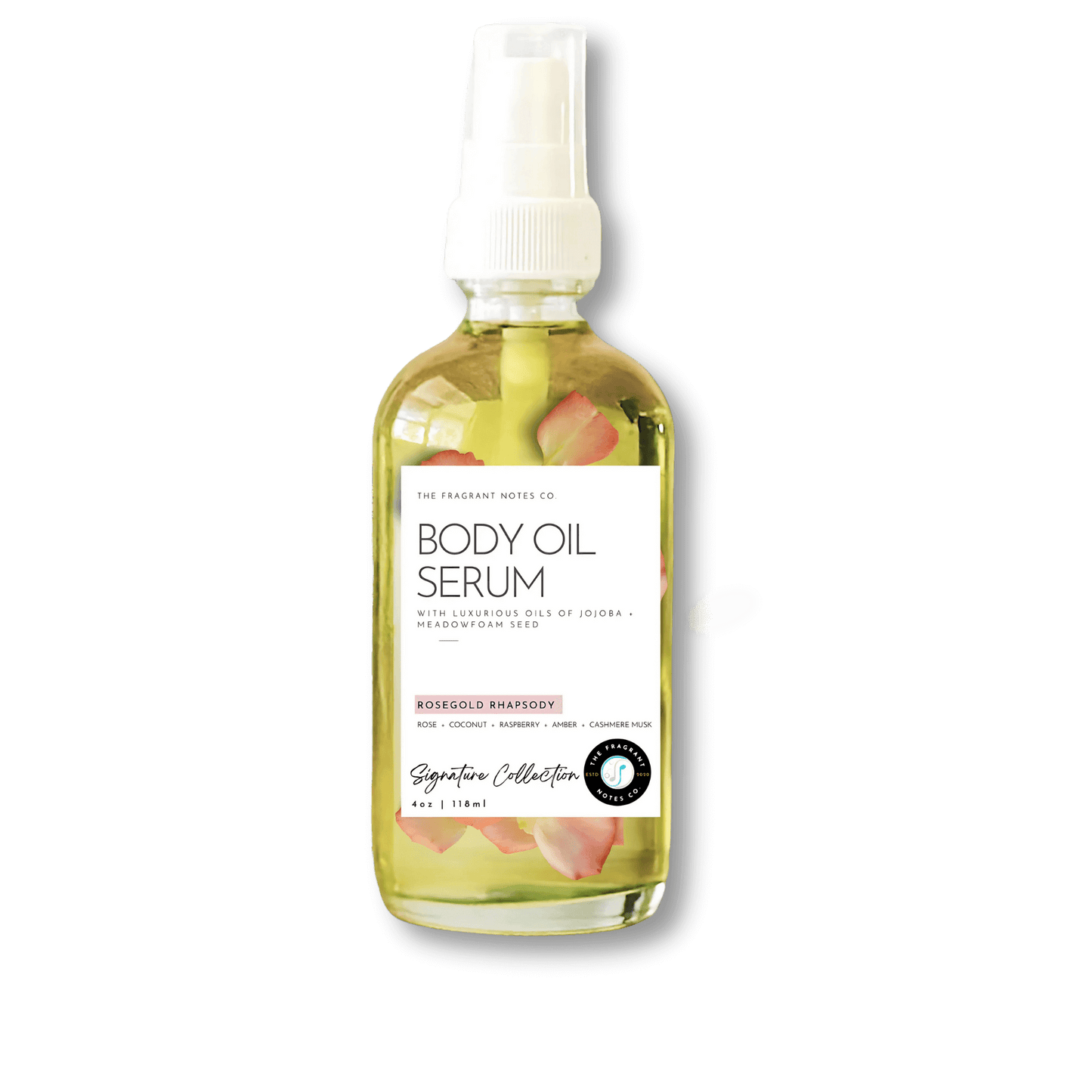 A transparent view of Rosegold Rhapsody Body Oil Serum.