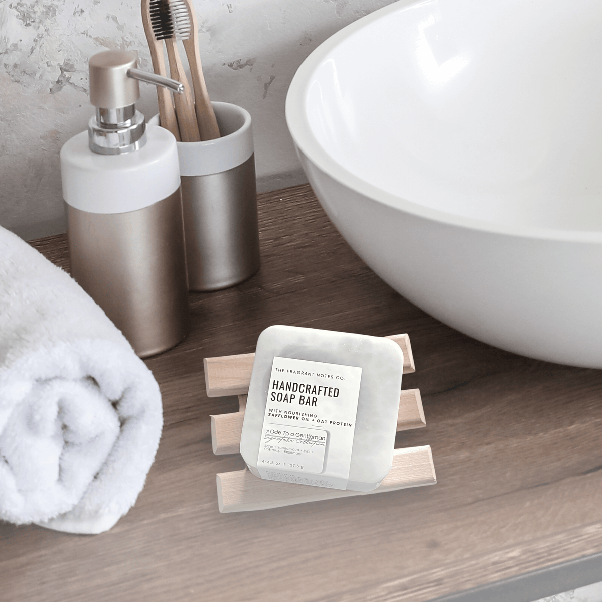 Our Natural Wood Slatted Soap Saver Dish sitting on wooden bathroom counter.